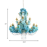 Candelabro LED vintage de metal azul con detalles de cristal - 12 luces para restaurantes y ambiente floral